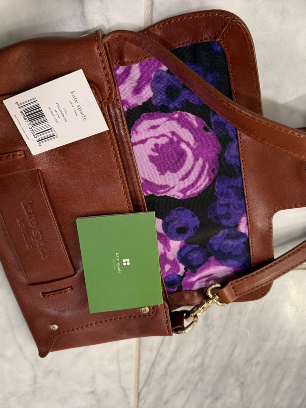 kate spade Brown Leather Crossbody with Purple Floral Lining